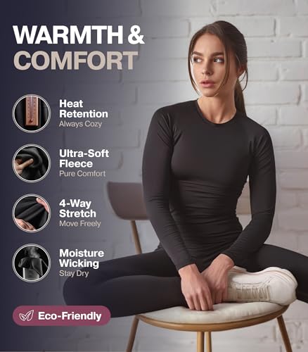 Thermajane Women's Long Johns Fleece Lined Thermal Pajama Set for Cold Weather