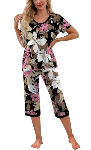 PrinStory Women's Short Sleeve Pajama Top & Capri Pants with Pockets