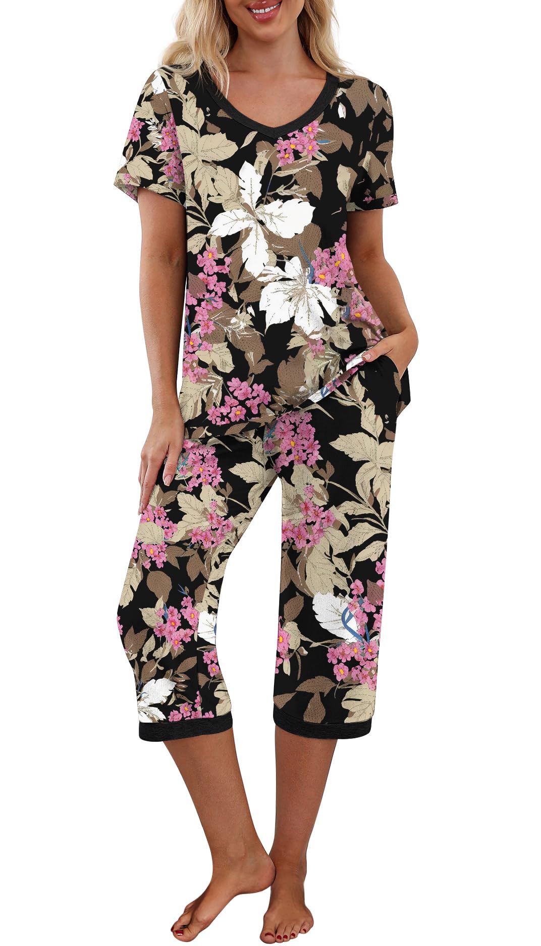 PrinStory Women's Short Sleeve Pajama Top & Capri Pants with Pockets