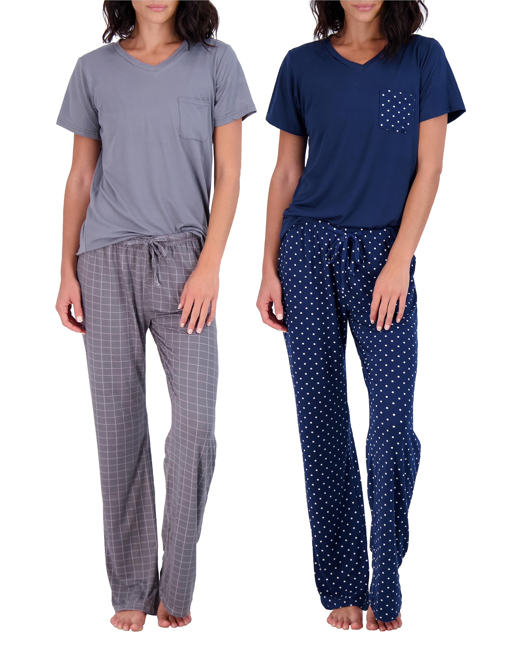 Real Essentials 2-Pack Women's Pajama Set: Short Sleeve with Pocket or Long Sleeve